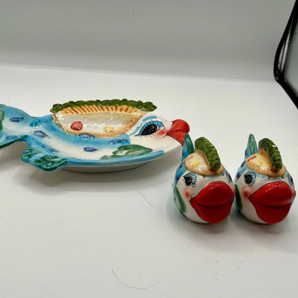 Colorful Ceramic Fish Decor with salt and pepper shakers